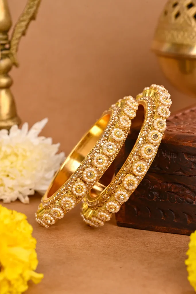 Golden Pearl-Studded Rajwada Kada Bangles